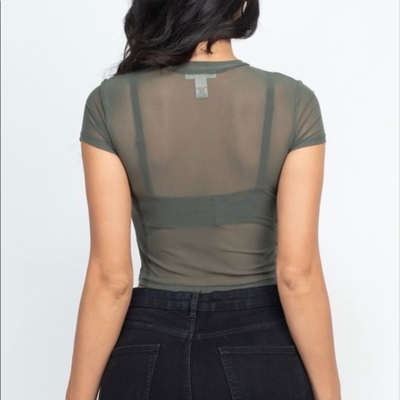 OLIVE SHORT SLEEVE CROPPED TOP SHEER MESH SHIRT - Picture 5 of 7